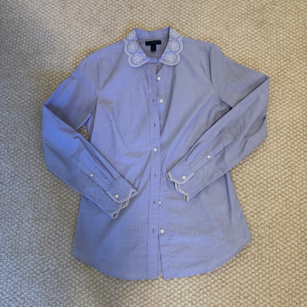 J. Crew Sky Blue Blouse with White Floral Collar